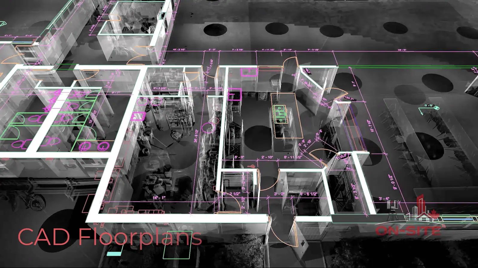 2D CAD floor plan drafted from point cloud data on a technician's workstation